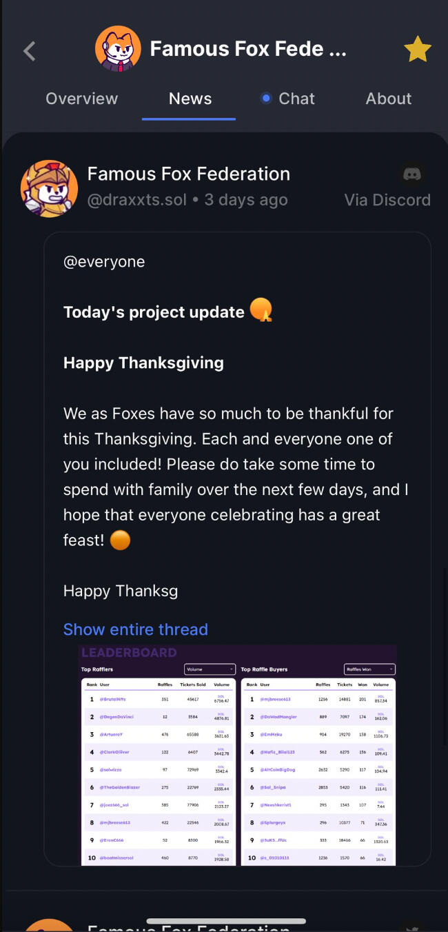 Discord announcements in the NFTfolio app